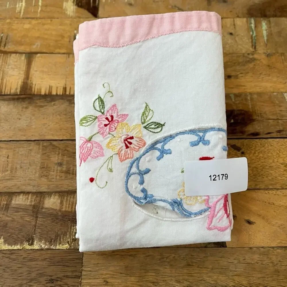 Vintage Floral Hand Embroidered Placemats Napkins Set Of 4 Pink Trim Border